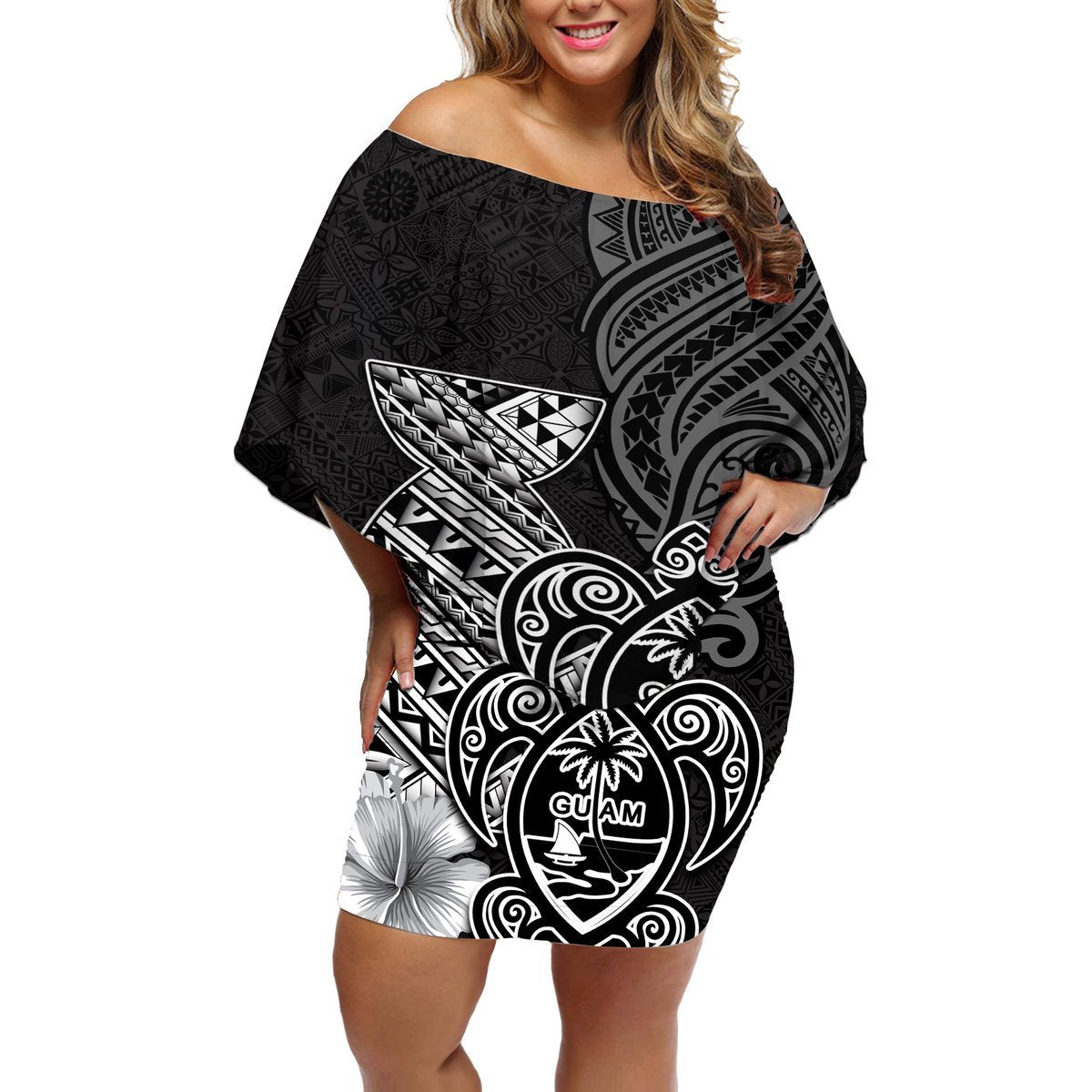 Guam Latte Stone Chamorro Culture Off Shoulder Short Dress Tapa Pattern LT03 Women Black - Polynesian Pride