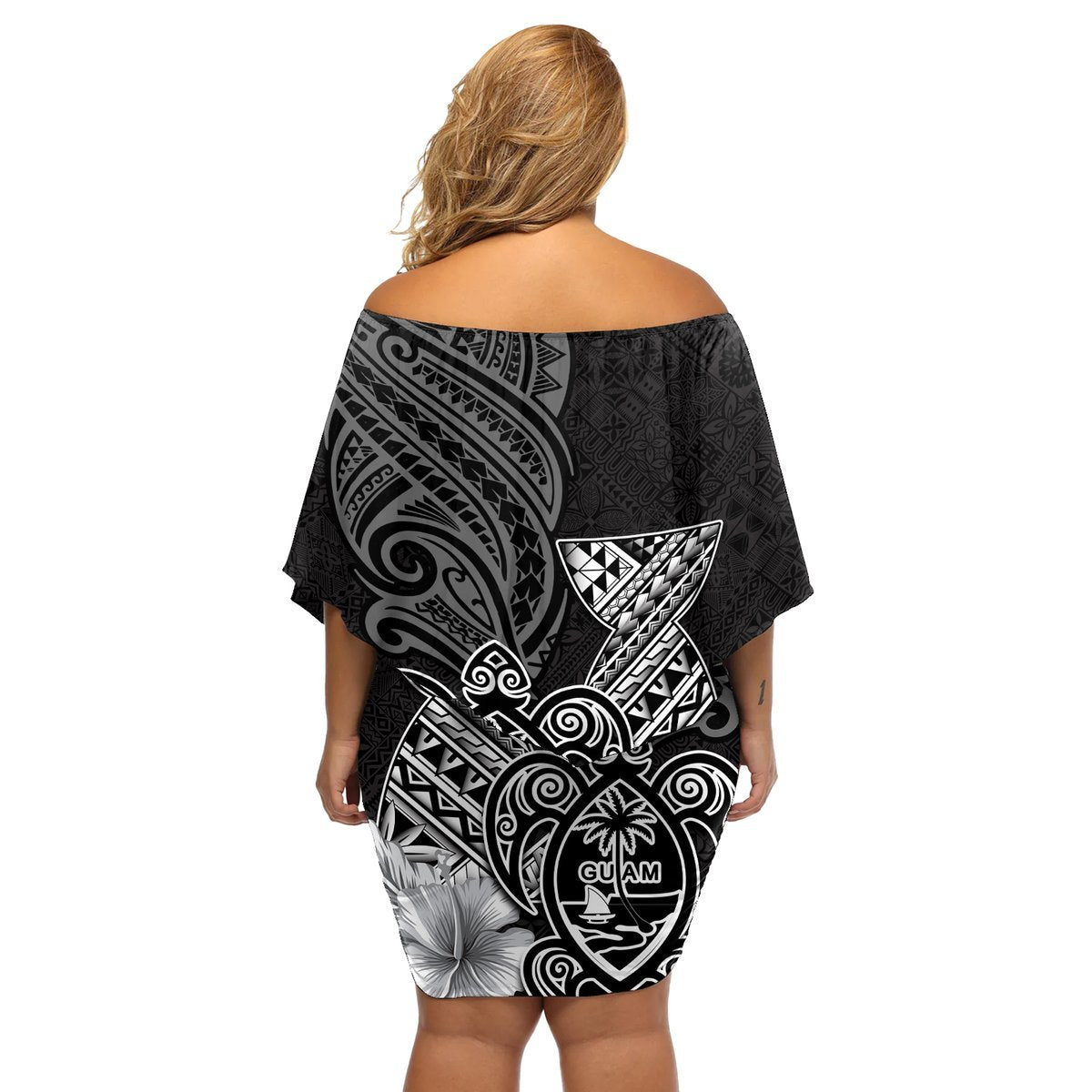 Guam Latte Stone Chamorro Culture Off Shoulder Short Dress Tapa Pattern LT03 - Polynesian Pride