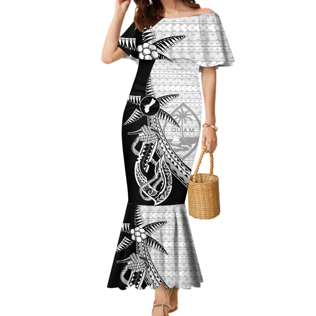 Guam Fish Hook and Palm Tree Family Matching Mermaid Dress and Hawaiian Shirt Polynesian Pattern Half Style