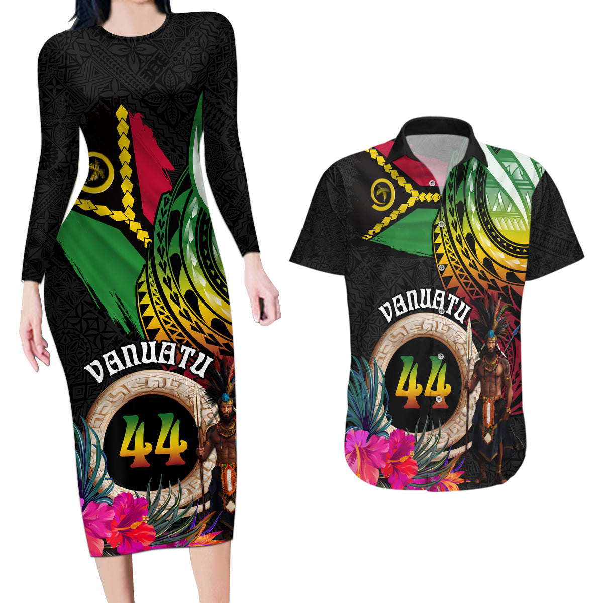 Personalised Vanuatu 44th Anniversary Couples Matching Long Sleeve Bodycon Dress and Hawaiian Shirt Boars Tusk and Melanesian Warrior Indipendens Dei LT03 Black - Polynesian Pride
