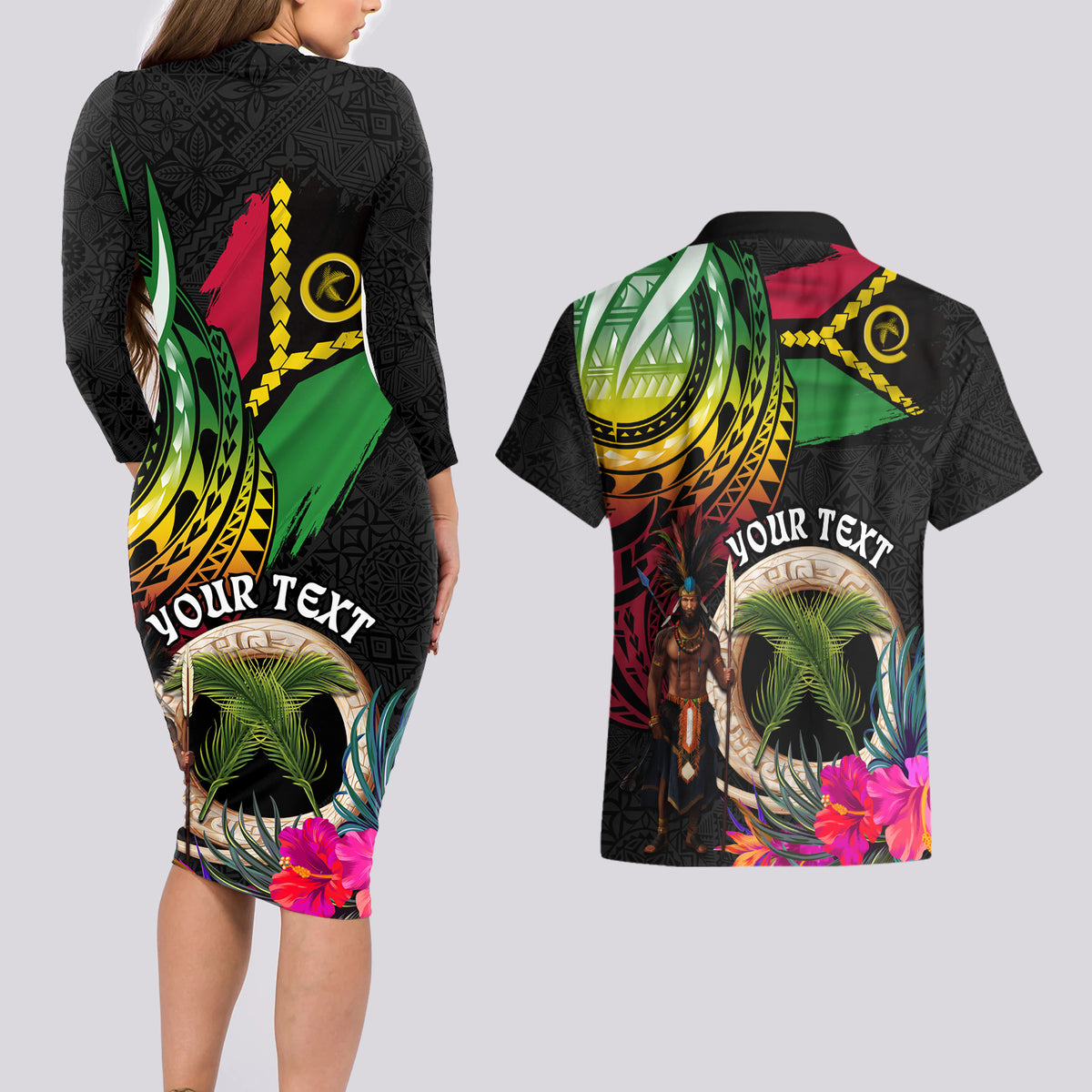 Personalised Vanuatu 44th Anniversary Couples Matching Long Sleeve Bodycon Dress and Hawaiian Shirt Boars Tusk and Melanesian Warrior Indipendens Dei LT03 - Polynesian Pride