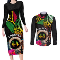 Personalised Vanuatu 44th Anniversary Couples Matching Long Sleeve Bodycon Dress and Long Sleeve Button Shirt Boars Tusk and Melanesian Warrior Indipendens Dei LT03 Black - Polynesian Pride