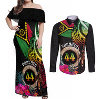 Personalised Vanuatu 44th Anniversary Couples Matching Off Shoulder Maxi Dress and Long Sleeve Button Shirt Boars Tusk and Melanesian Warrior Indipendens Dei LT03 Black - Polynesian Pride