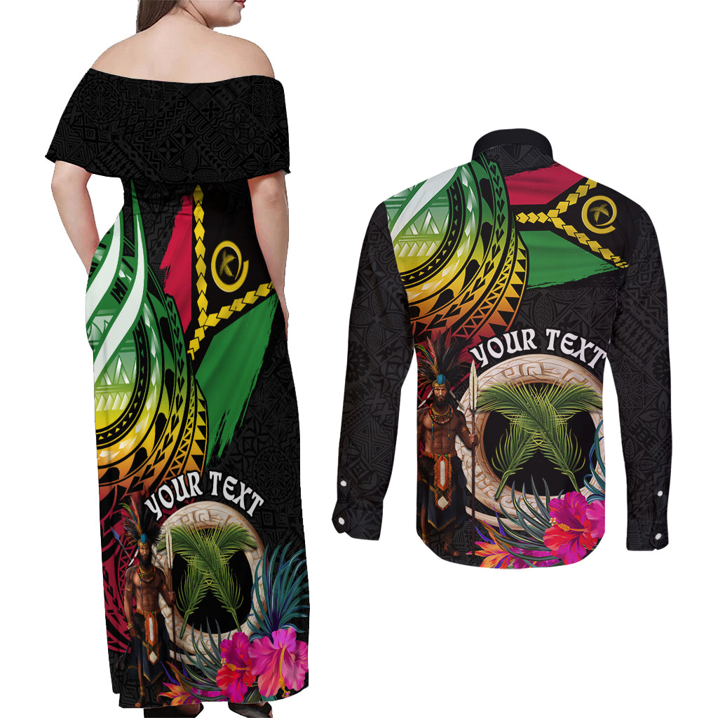 Personalised Vanuatu 44th Anniversary Couples Matching Off Shoulder Maxi Dress and Long Sleeve Button Shirt Boars Tusk and Melanesian Warrior Indipendens Dei LT03 - Polynesian Pride