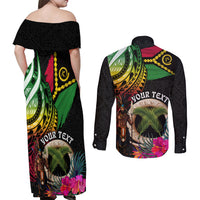 Personalised Vanuatu 44th Anniversary Couples Matching Off Shoulder Maxi Dress and Long Sleeve Button Shirt Boars Tusk and Melanesian Warrior Indipendens Dei LT03 - Polynesian Pride