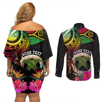 Personalised Vanuatu 44th Anniversary Couples Matching Off Shoulder Short Dress and Long Sleeve Button Shirt Boars Tusk and Melanesian Warrior Indipendens Dei LT03 - Polynesian Pride