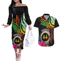 Personalised Vanuatu 44th Anniversary Couples Matching Off The Shoulder Long Sleeve Dress and Hawaiian Shirt Boars Tusk and Melanesian Warrior Indipendens Dei LT03 Black - Polynesian Pride