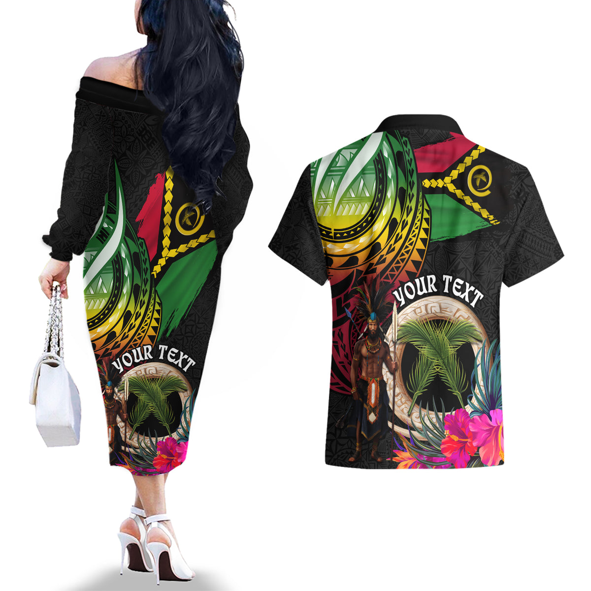 Personalised Vanuatu 44th Anniversary Couples Matching Off The Shoulder Long Sleeve Dress and Hawaiian Shirt Boars Tusk and Melanesian Warrior Indipendens Dei LT03 - Polynesian Pride