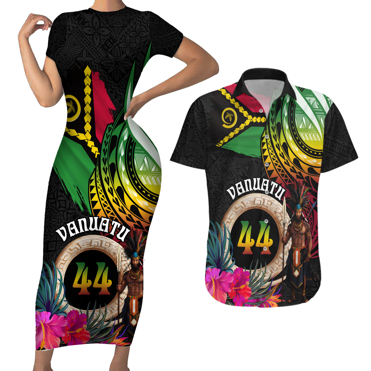 Personalised Vanuatu 44th Anniversary Couples Matching Short Sleeve Bodycon Dress and Hawaiian Shirt Boars Tusk and Melanesian Warrior Indipendens Dei LT03 Black - Polynesian Pride