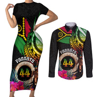 Personalised Vanuatu 44th Anniversary Couples Matching Short Sleeve Bodycon Dress and Long Sleeve Button Shirt Boars Tusk and Melanesian Warrior Indipendens Dei LT03 Black - Polynesian Pride