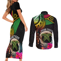 Personalised Vanuatu 44th Anniversary Couples Matching Short Sleeve Bodycon Dress and Long Sleeve Button Shirt Boars Tusk and Melanesian Warrior Indipendens Dei LT03 - Polynesian Pride