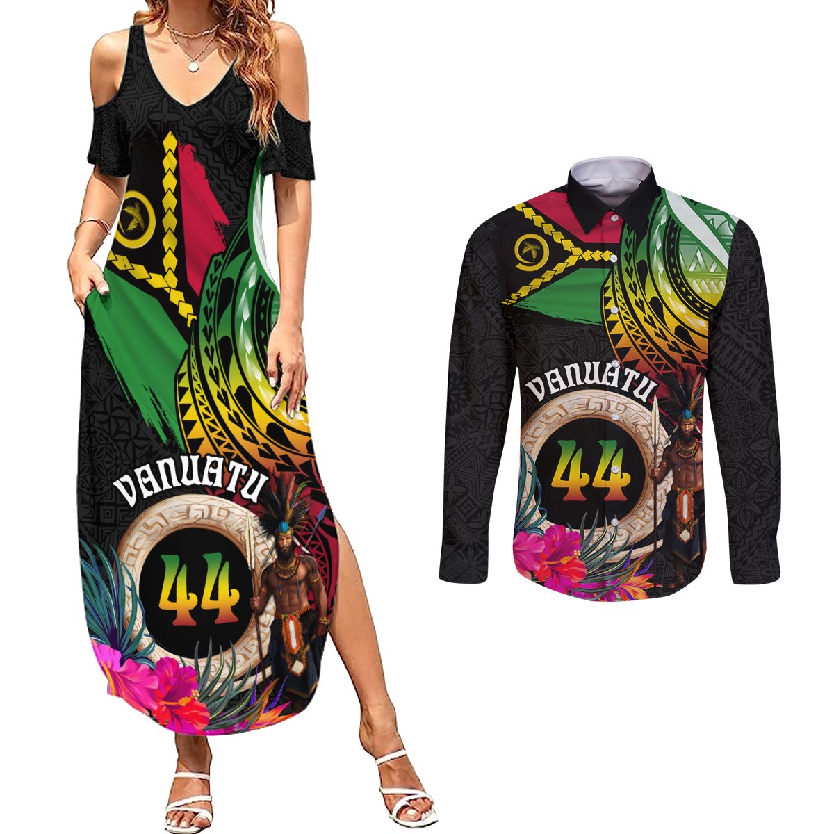 Personalised Vanuatu 44th Anniversary Couples Matching Summer Maxi Dress and Long Sleeve Button Shirt Boars Tusk and Melanesian Warrior Indipendens Dei LT03 Black - Polynesian Pride