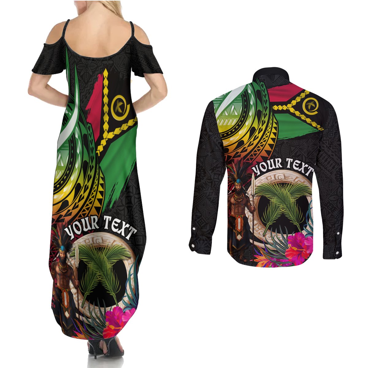 Personalised Vanuatu 44th Anniversary Couples Matching Summer Maxi Dress and Long Sleeve Button Shirt Boars Tusk and Melanesian Warrior Indipendens Dei LT03 - Polynesian Pride