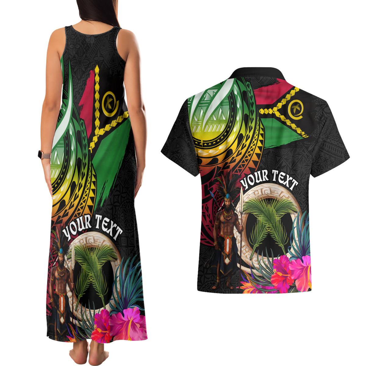 Personalised Vanuatu 44th Anniversary Couples Matching Tank Maxi Dress and Hawaiian Shirt Boars Tusk and Melanesian Warrior Indipendens Dei LT03 - Polynesian Pride