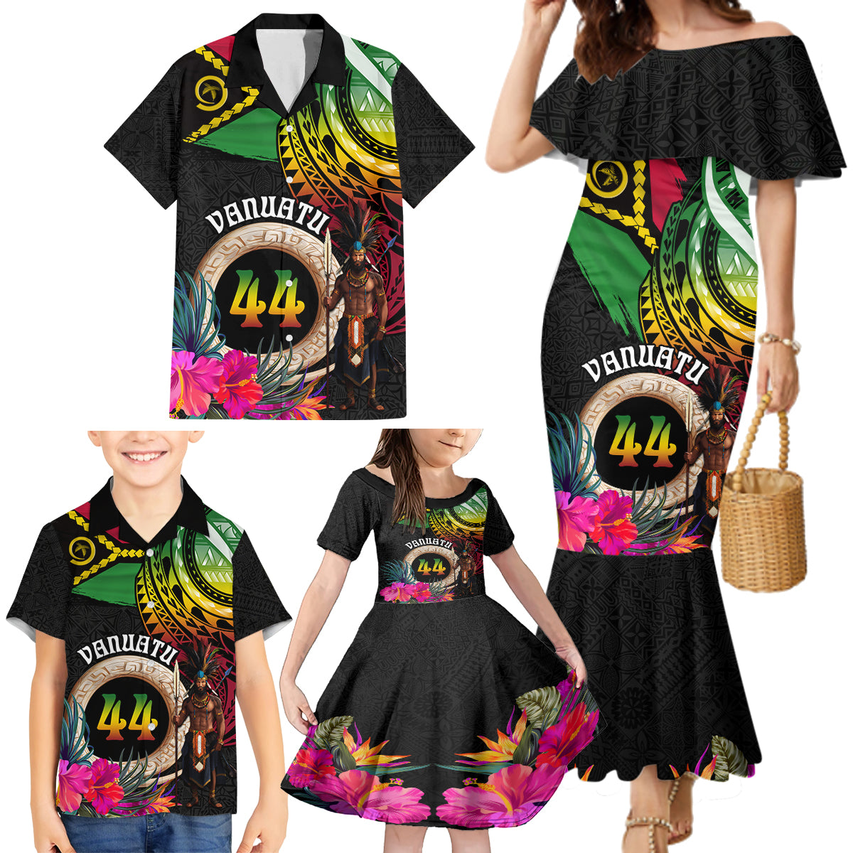 Personalised Vanuatu 44th Anniversary Family Matching Mermaid Dress and Hawaiian Shirt Boars Tusk and Melanesian Warrior Indipendens Dei LT03 - Polynesian Pride