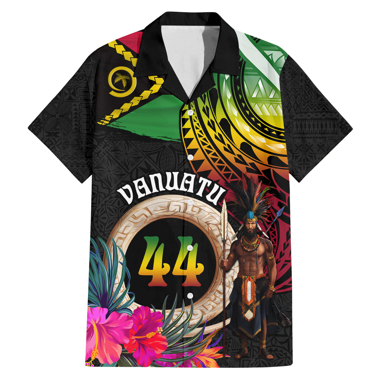 Personalised Vanuatu 44th Anniversary Family Matching Mermaid Dress and Hawaiian Shirt Boars Tusk and Melanesian Warrior Indipendens Dei LT03 Dad's Shirt - Short Sleeve Black - Polynesian Pride