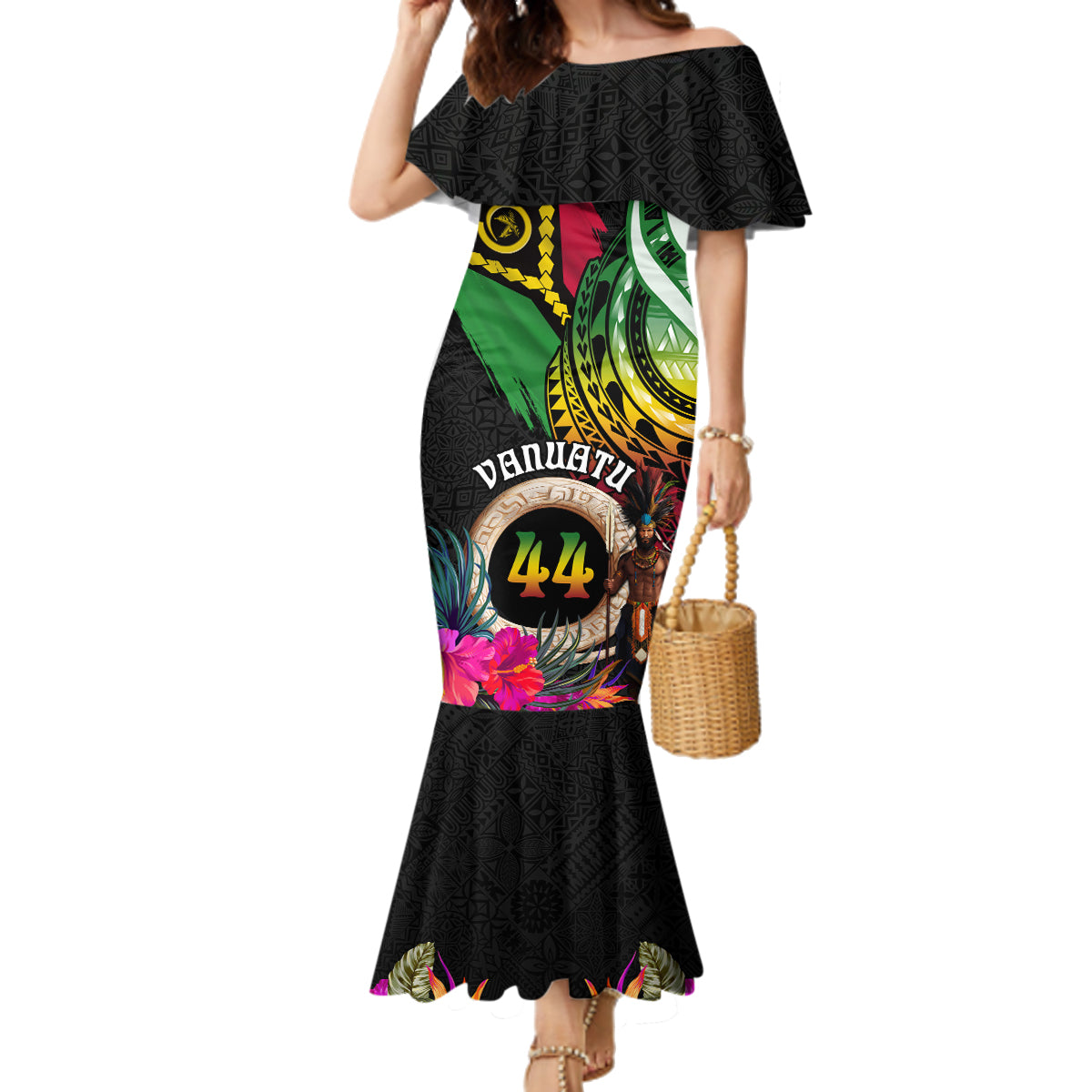 Personalised Vanuatu 44th Anniversary Family Matching Mermaid Dress and Hawaiian Shirt Boars Tusk and Melanesian Warrior Indipendens Dei LT03 Mom's Dress Black - Polynesian Pride