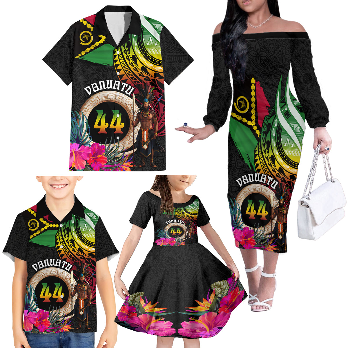 Personalised Vanuatu 44th Anniversary Family Matching Off The Shoulder Long Sleeve Dress and Hawaiian Shirt Boars Tusk and Melanesian Warrior Indipendens Dei LT03 - Polynesian Pride