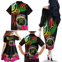 Personalised Vanuatu 44th Anniversary Family Matching Off The Shoulder Long Sleeve Dress and Hawaiian Shirt Boars Tusk and Melanesian Warrior Indipendens Dei LT03 - Polynesian Pride