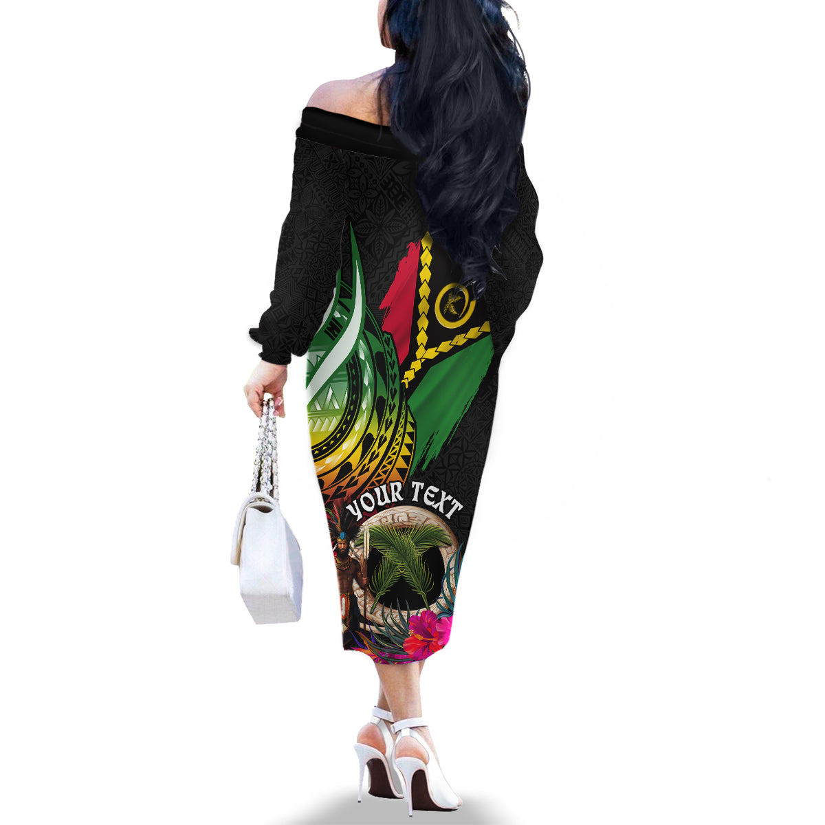 Personalised Vanuatu 44th Anniversary Family Matching Off The Shoulder Long Sleeve Dress and Hawaiian Shirt Boars Tusk and Melanesian Warrior Indipendens Dei LT03 - Polynesian Pride