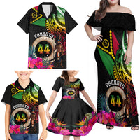 Personalised Vanuatu 44th Anniversary Family Matching Off Shoulder Maxi Dress and Hawaiian Shirt Boars Tusk and Melanesian Warrior Indipendens Dei LT03 - Polynesian Pride