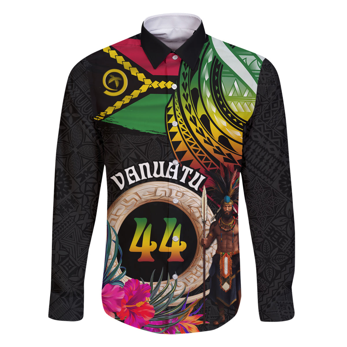 Personalised Vanuatu 44th Anniversary Family Matching Off Shoulder Maxi Dress and Hawaiian Shirt Boars Tusk and Melanesian Warrior Indipendens Dei LT03 Dad's Shirt - Long Sleeve Black - Polynesian Pride