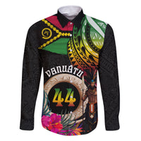 Personalised Vanuatu 44th Anniversary Family Matching Off Shoulder Maxi Dress and Hawaiian Shirt Boars Tusk and Melanesian Warrior Indipendens Dei LT03 Dad's Shirt - Long Sleeve Black - Polynesian Pride