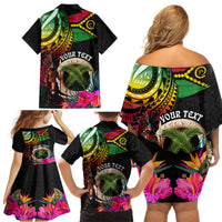 Personalised Vanuatu 44th Anniversary Family Matching Off Shoulder Short Dress and Hawaiian Shirt Boars Tusk and Melanesian Warrior Indipendens Dei LT03 - Polynesian Pride