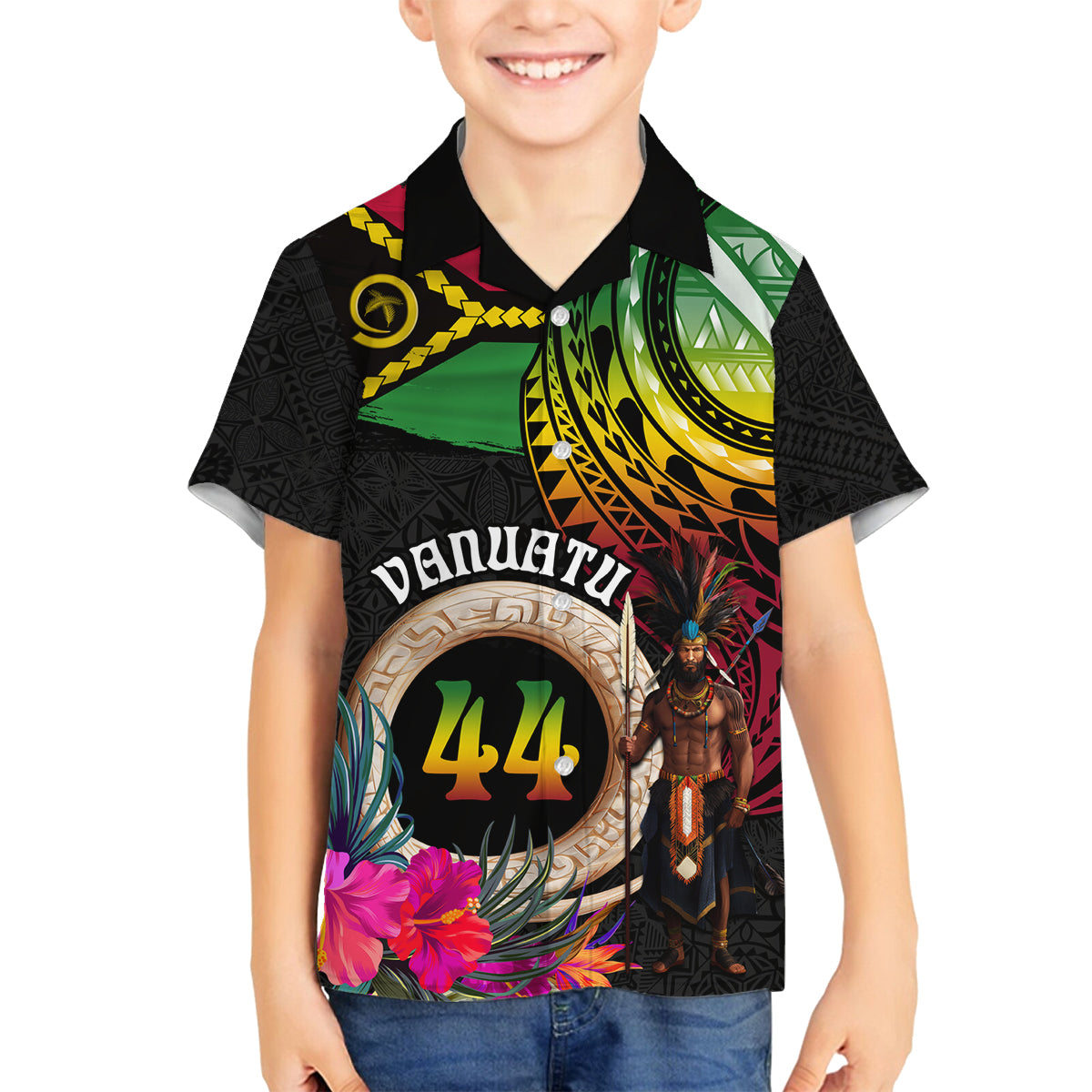 Personalised Vanuatu 44th Anniversary Family Matching Off Shoulder Short Dress and Hawaiian Shirt Boars Tusk and Melanesian Warrior Indipendens Dei LT03 Son's Shirt Black - Polynesian Pride