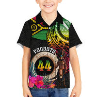Personalised Vanuatu 44th Anniversary Family Matching Off Shoulder Short Dress and Hawaiian Shirt Boars Tusk and Melanesian Warrior Indipendens Dei LT03 Son's Shirt Black - Polynesian Pride