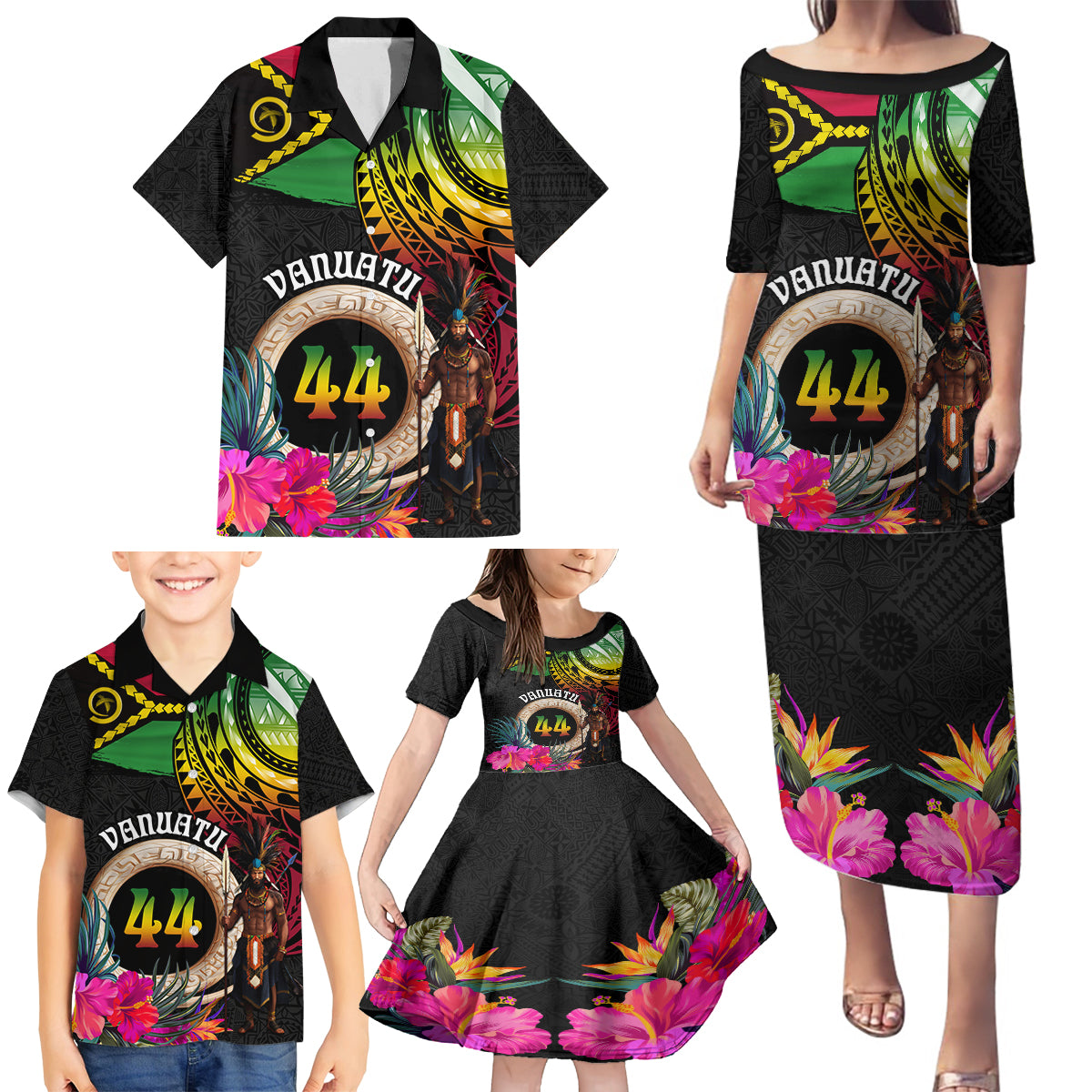 Personalised Vanuatu 44th Anniversary Family Matching Puletasi and Hawaiian Shirt Boars Tusk and Melanesian Warrior Indipendens Dei LT03 - Polynesian Pride
