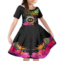 Personalised Vanuatu 44th Anniversary Family Matching Short Sleeve Bodycon Dress and Hawaiian Shirt Boars Tusk and Melanesian Warrior Indipendens Dei LT03 Daughter's Dress Black - Polynesian Pride