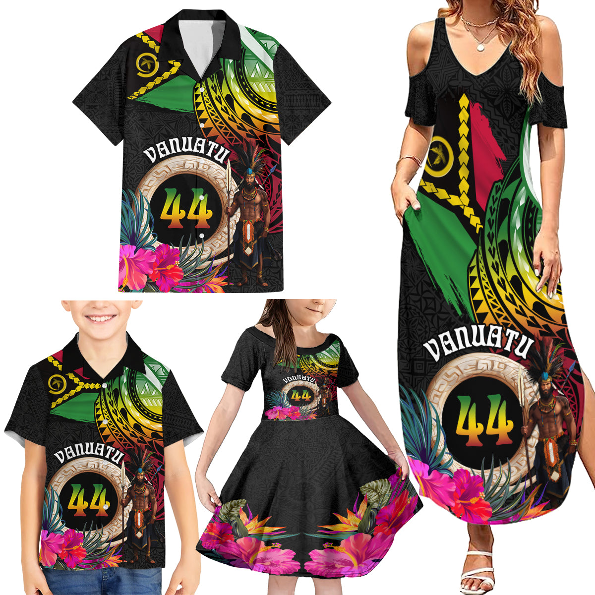 Personalised Vanuatu 44th Anniversary Family Matching Summer Maxi Dress and Hawaiian Shirt Boars Tusk and Melanesian Warrior Indipendens Dei LT03 - Polynesian Pride