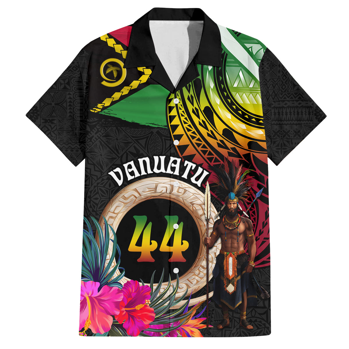 Personalised Vanuatu 44th Anniversary Family Matching Tank Maxi Dress and Hawaiian Shirt Boars Tusk and Melanesian Warrior Indipendens Dei LT03 Dad's Shirt - Short Sleeve Black - Polynesian Pride