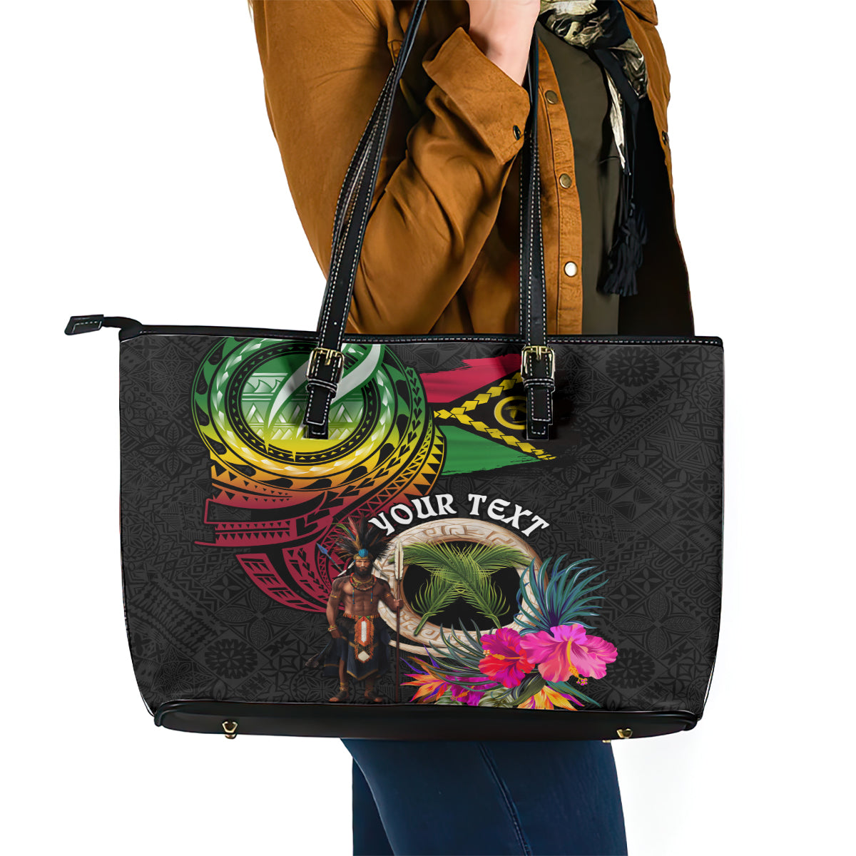 Personalised Vanuatu 44th Anniversary Leather Tote Bag Boars Tusk and Melanesian Warrior Indipendens Dei