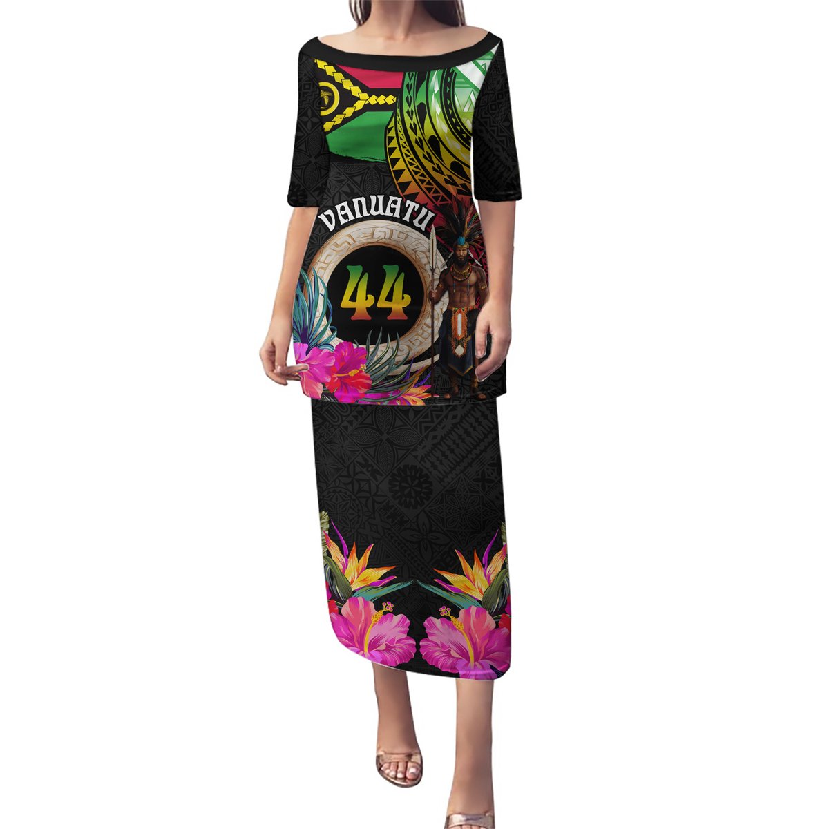 Personalised Vanuatu 44th Anniversary Puletasi Boars Tusk and Melanesian Warrior Indipendens Dei LT03 Long Dress Black - Polynesian Pride