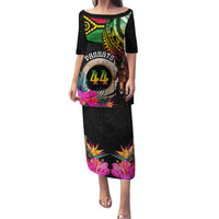 Personalised Vanuatu 44th Anniversary Puletasi Boars Tusk and Melanesian Warrior Indipendens Dei LT03 Long Dress Black - Polynesian Pride