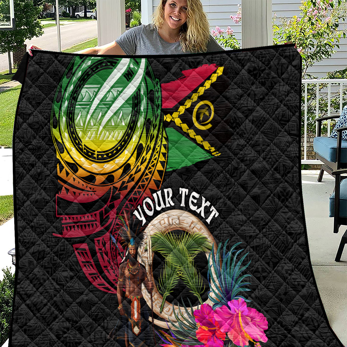 Personalised Vanuatu 44th Anniversary Quilt Boars Tusk and Melanesian Warrior Indipendens Dei LT03 Black - Polynesian Pride