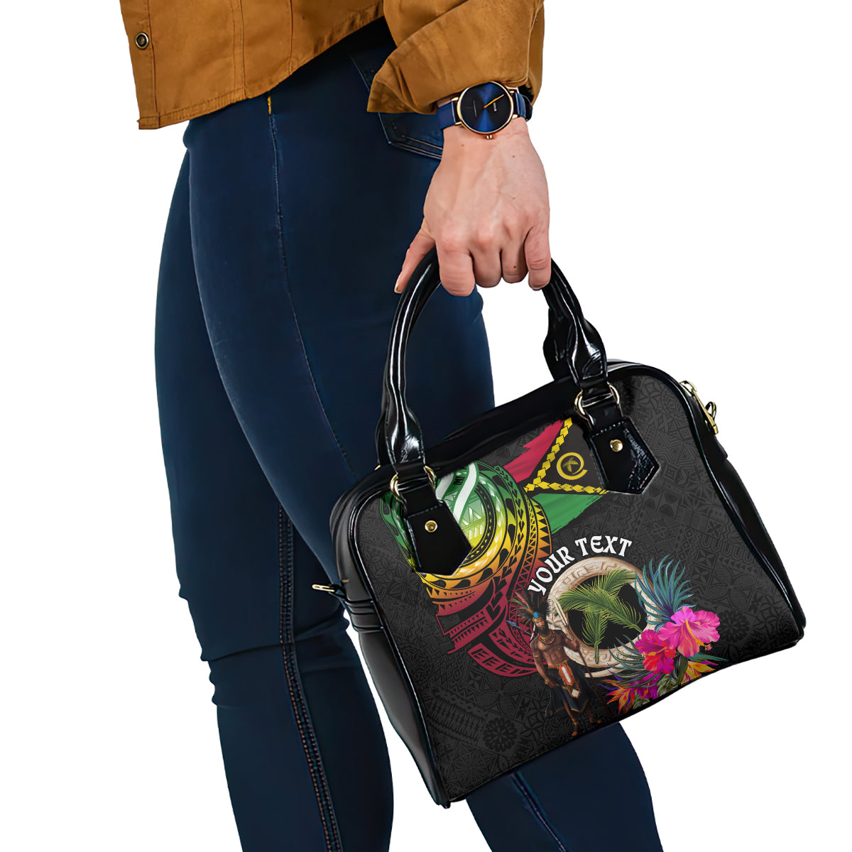 Personalised Vanuatu 44th Anniversary Shoulder Handbag Boars Tusk and Melanesian Warrior Indipendens Dei