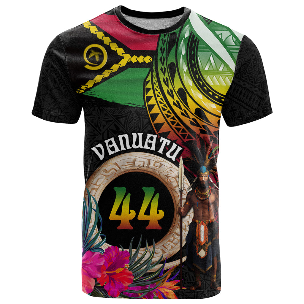 Personalised Vanuatu 44th Anniversary T Shirt Boars Tusk and Melanesian Warrior Indipendens Dei LT03 Black - Polynesian Pride