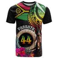 Personalised Vanuatu 44th Anniversary T Shirt Boars Tusk and Melanesian Warrior Indipendens Dei LT03 Black - Polynesian Pride