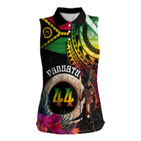 Personalised Vanuatu 44th Anniversary Women Sleeveless Polo Shirt Boars Tusk and Melanesian Warrior Indipendens Dei LT03 Female Black - Polynesian Pride