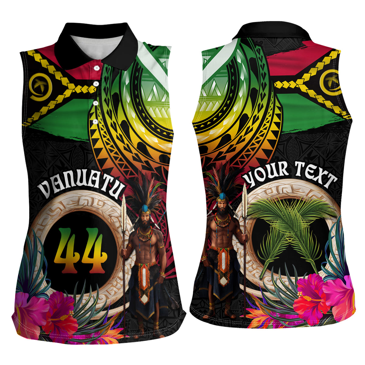 Personalised Vanuatu 44th Anniversary Women Sleeveless Polo Shirt Boars Tusk and Melanesian Warrior Indipendens Dei LT03 - Polynesian Pride
