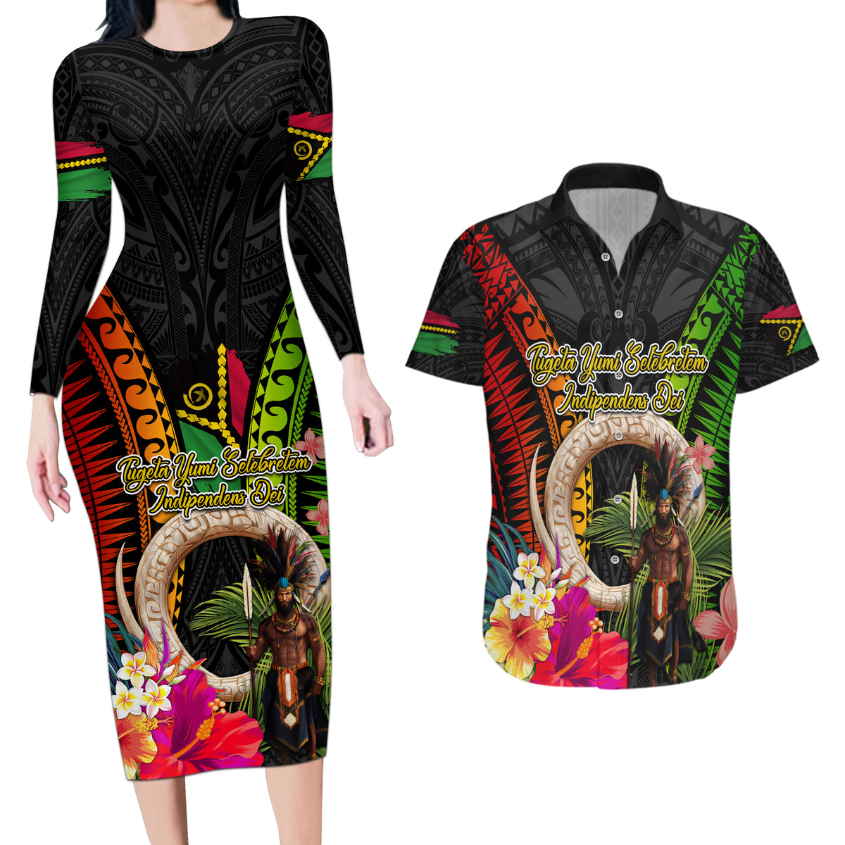 Vanuatu Independence Day Couples Matching Long Sleeve Bodycon Dress and Hawaiian Shirt Boars Tusk and Melanesian Warrior Indipendens Dei LT03 Black - Polynesian Pride