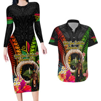 Vanuatu Independence Day Couples Matching Long Sleeve Bodycon Dress and Hawaiian Shirt Boars Tusk and Melanesian Warrior Indipendens Dei LT03 Black - Polynesian Pride