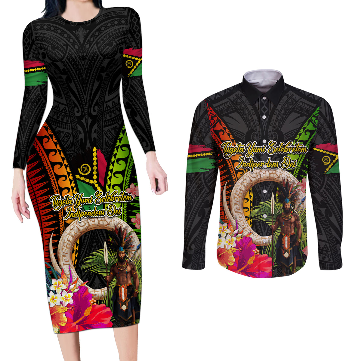 Vanuatu Independence Day Couples Matching Long Sleeve Bodycon Dress and Long Sleeve Button Shirt Boars Tusk and Melanesian Warrior Indipendens Dei LT03 Black - Polynesian Pride