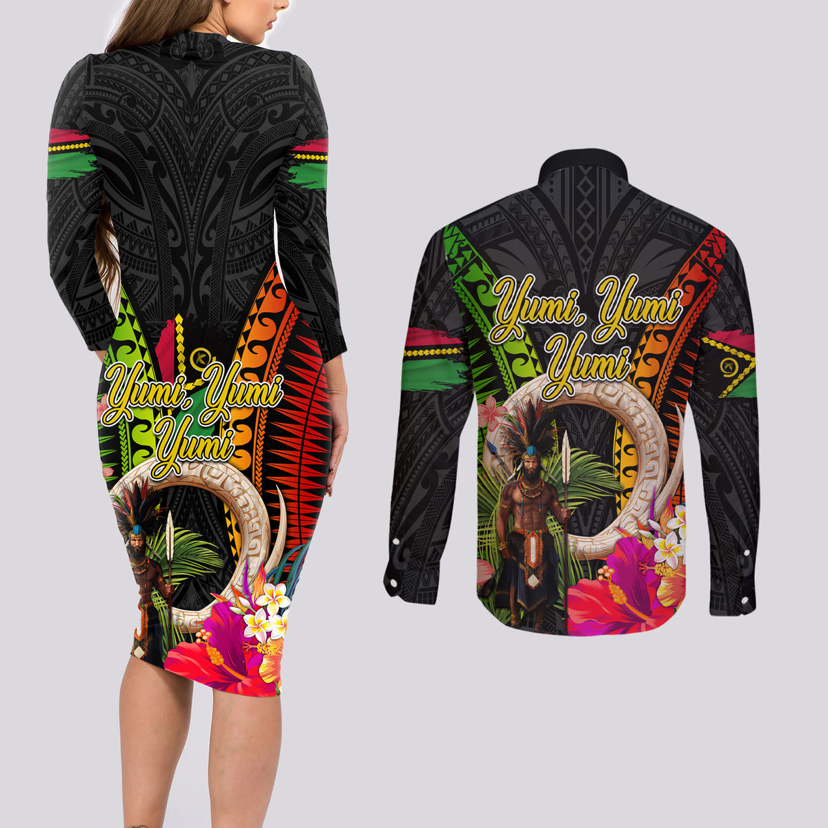 Vanuatu Independence Day Couples Matching Long Sleeve Bodycon Dress and Long Sleeve Button Shirt Boars Tusk and Melanesian Warrior Indipendens Dei LT03 - Polynesian Pride