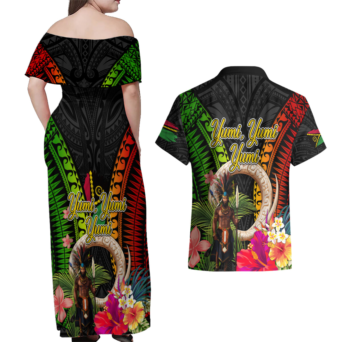 Vanuatu Independence Day Couples Matching Off Shoulder Maxi Dress and Hawaiian Shirt Boars Tusk and Melanesian Warrior Indipendens Dei LT03 - Polynesian Pride