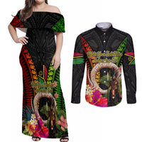 Vanuatu Independence Day Couples Matching Off Shoulder Maxi Dress and Long Sleeve Button Shirt Boars Tusk and Melanesian Warrior Indipendens Dei LT03 Black - Polynesian Pride