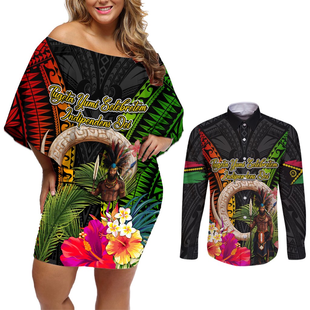 Vanuatu Independence Day Couples Matching Off Shoulder Short Dress and Long Sleeve Button Shirt Boars Tusk and Melanesian Warrior Indipendens Dei LT03 Black - Polynesian Pride
